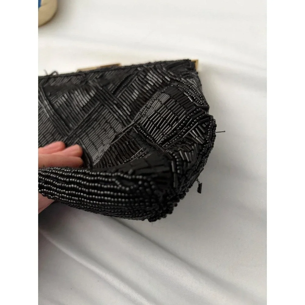 Vintage Marshall‎ Fields Black Beaded Clutch Hand Made Evening Bag Gold Chain
